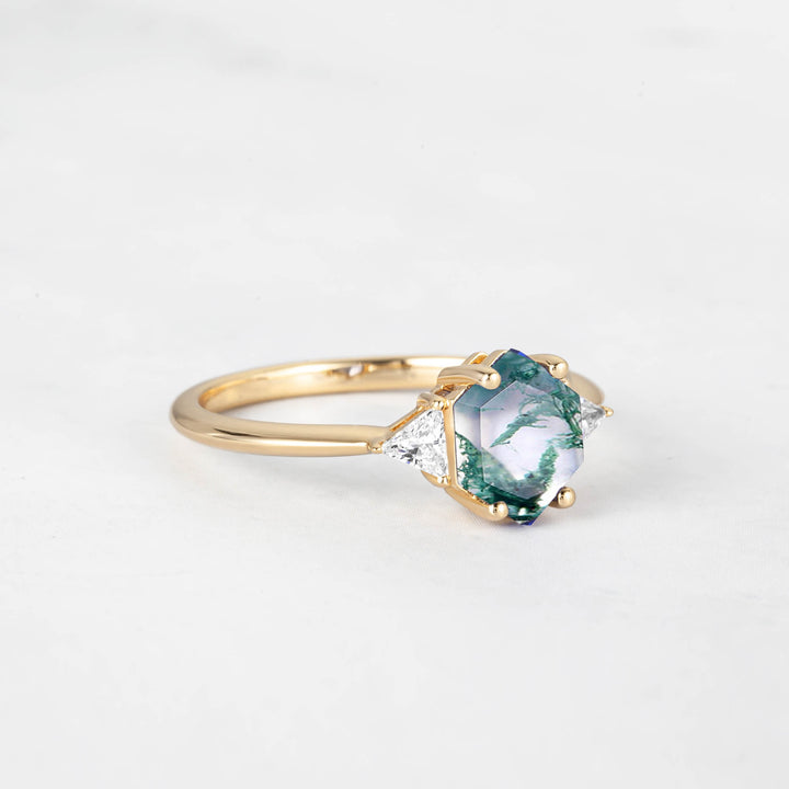 Symmar Hexagon Moss Agate Engagement Ring