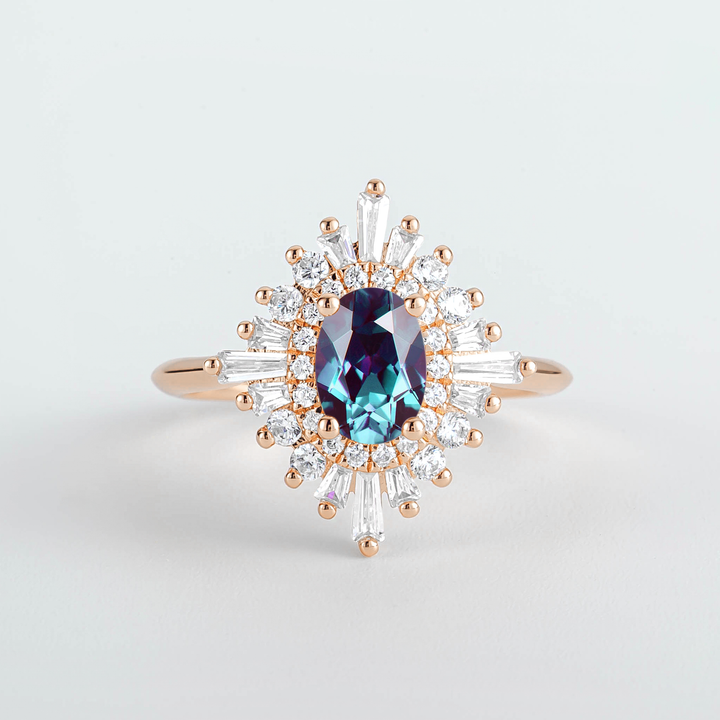 Couro Oval Alexandrite Sunburst Diamond Engagement Ring