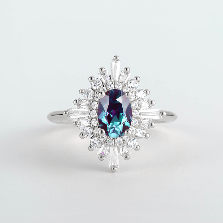 Couro Oval Alexandrite Sunburst Diamond Engagement Ring