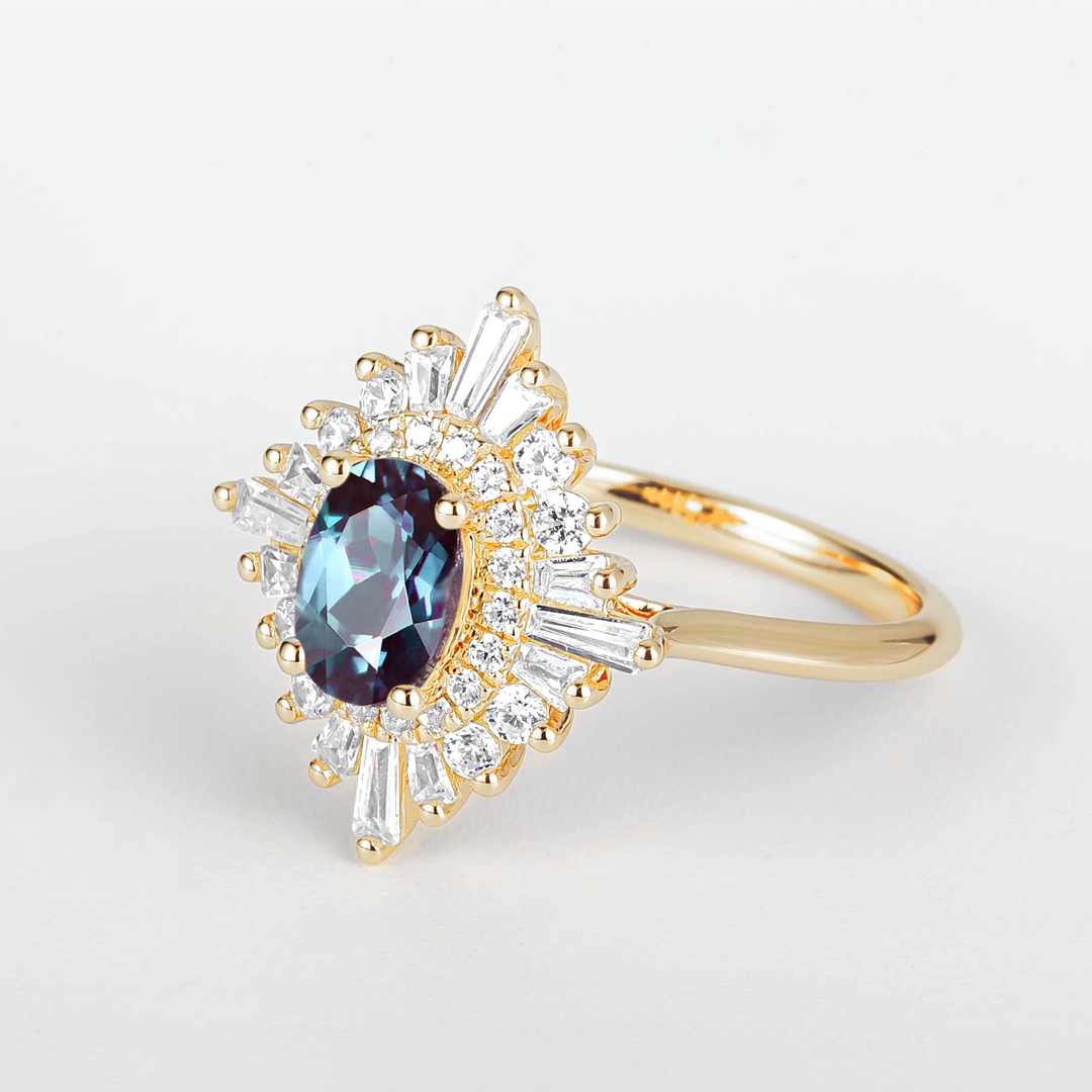 Couro Oval Alexandrite Sunburst Diamond Engagement Ring