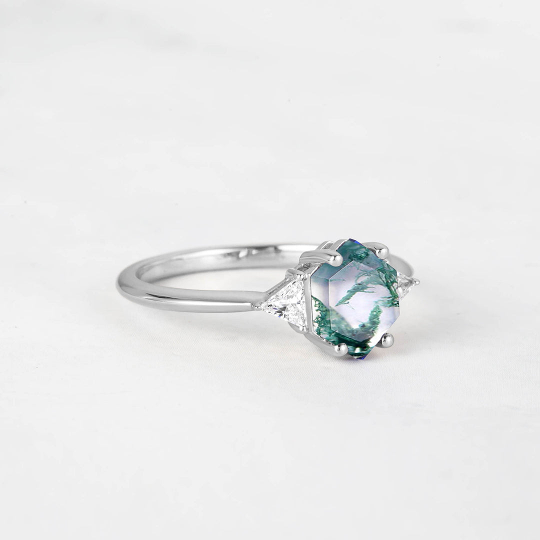 Symmar Hexagon Moss Agate Engagement Ring