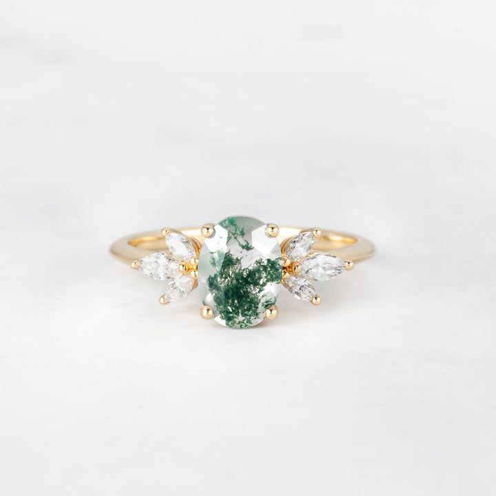 Symmar Oval Moss Agate Marquise Diamond Ring