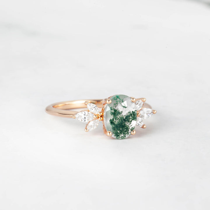 Symmar Oval Moss Agate Marquise Diamond Ring