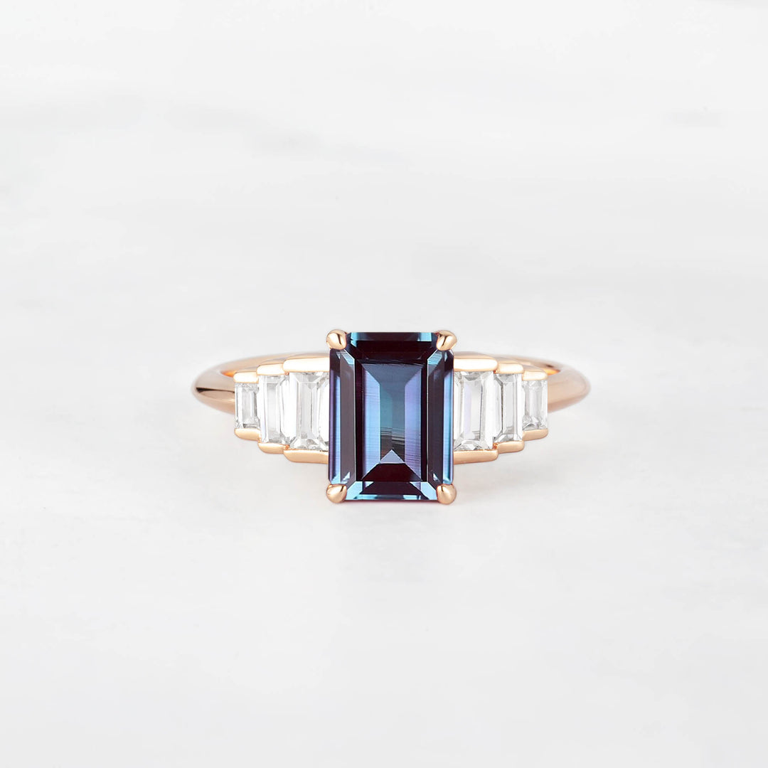 Symmar Emearld-Cut Alexandrite Baguette Diamond Engagement Ring