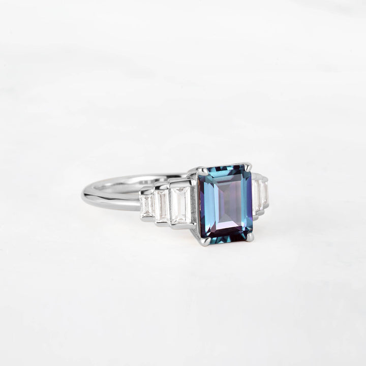 Symmar Emearld-Cut Alexandrite Baguette Diamond Engagement Ring