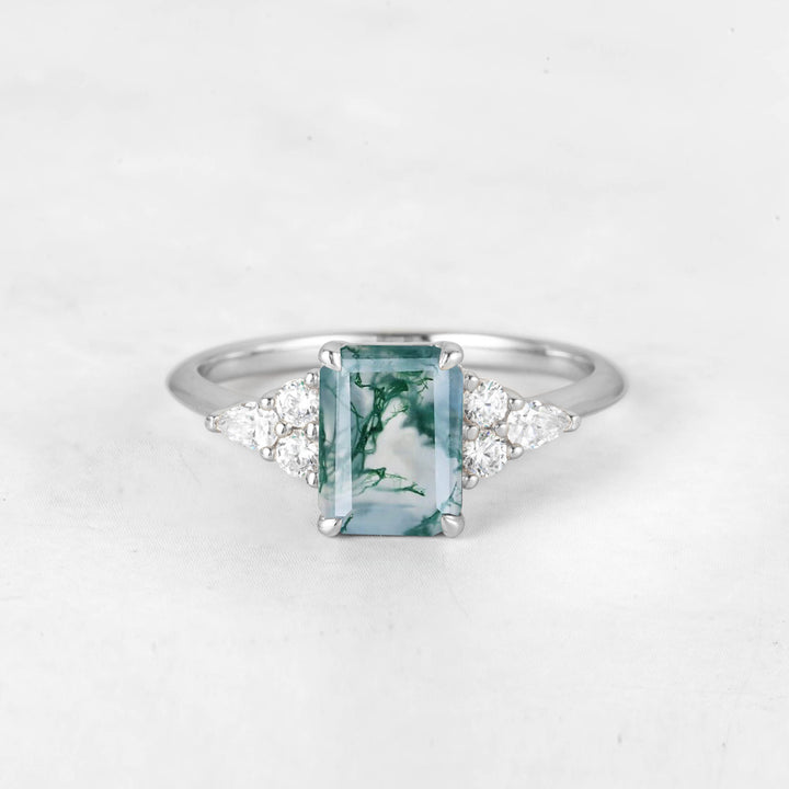 Symmar Emerald-cut Moss Agate Engagement Ring