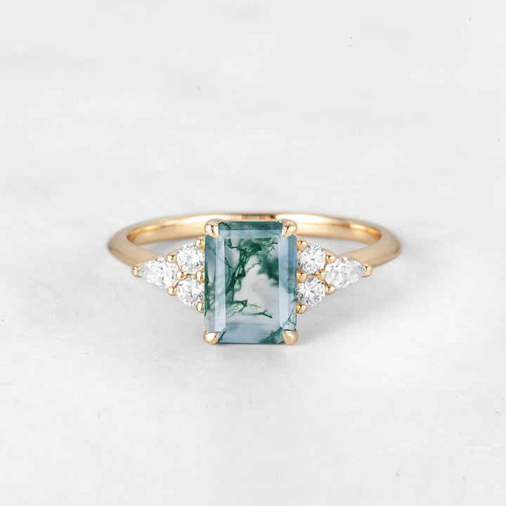 Symmar Emerald-cut Moss Agate Engagement Ring