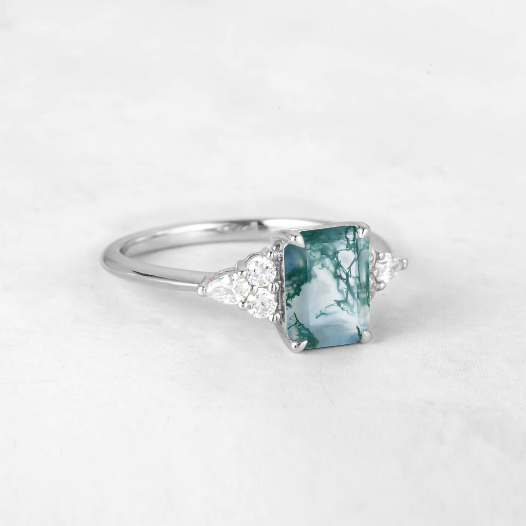 Symmar Emerald-cut Moss Agate Engagement Ring