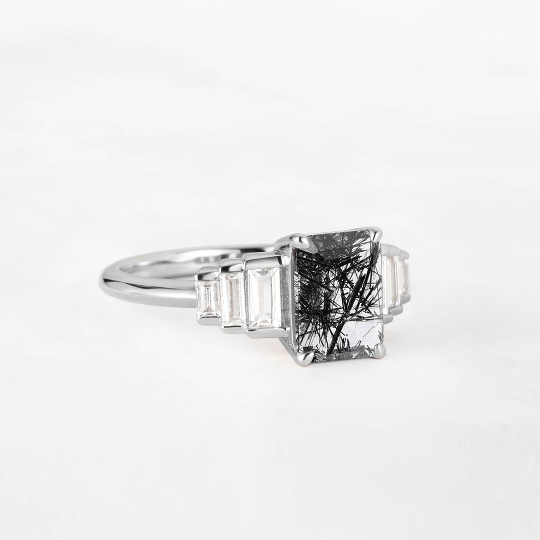 Symmar Emearld-Cut Rutilated Quartz Baguette Diamond Engagement Ring