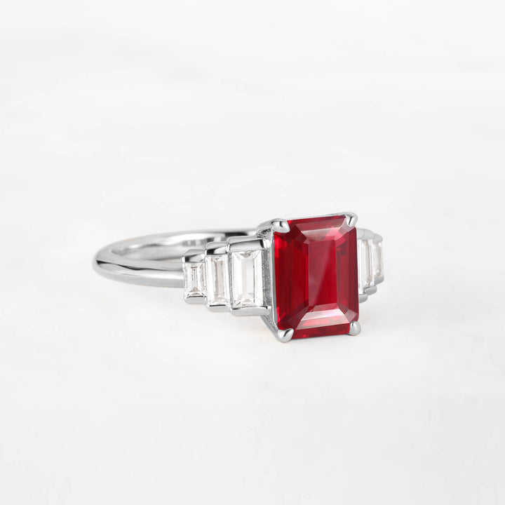 Symmar Emearld-Cut Ruby Baguette Diamond Engagement Ring