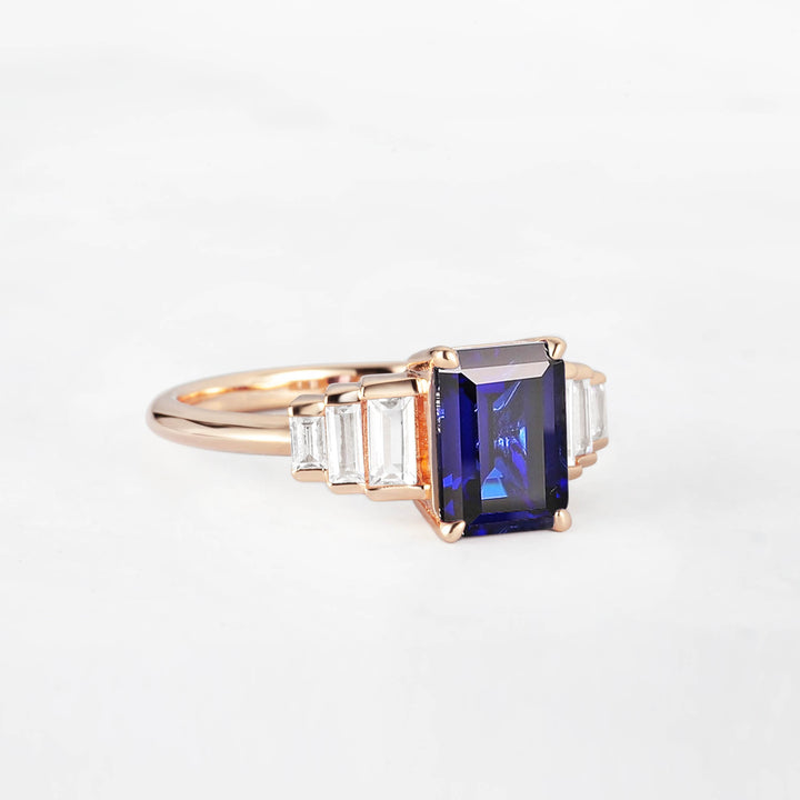 Symmar Emearld-Cut Blue Sapphire Baguette Diamond Engagement Ring