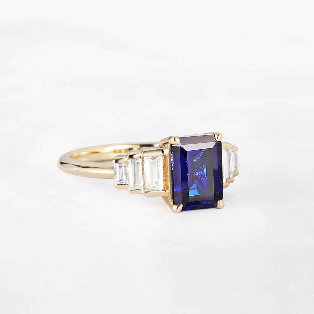 Symmar Emearld-Cut Blue Sapphire Baguette Diamond Engagement Ring