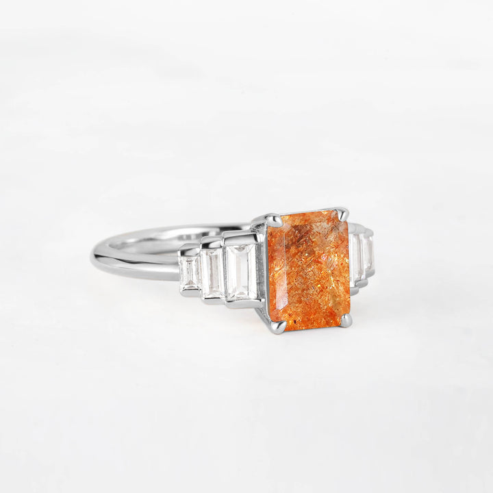 Symmar Emearld-Cut Sunstone Baguette Diamond Engagement Ring