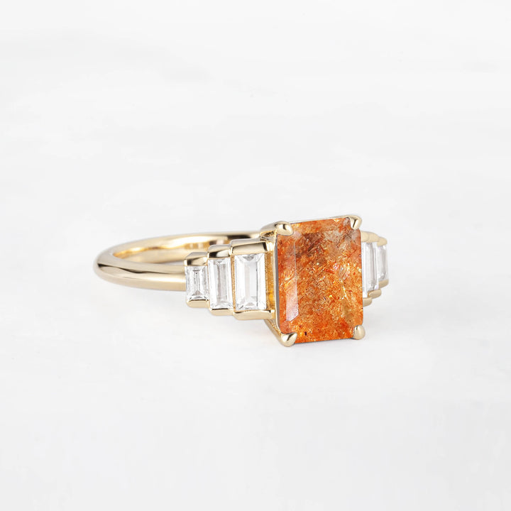 Symmar Emearld-Cut Sunstone Baguette Diamond Engagement Ring