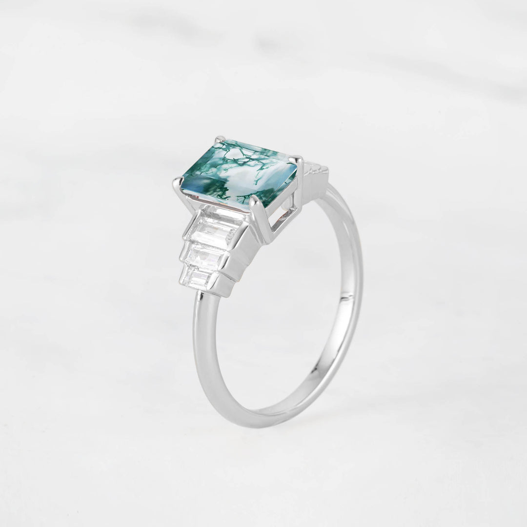 Symmar Emearld-Cut Moss Agate Baguette Diamond Engagement Ring