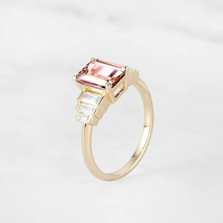 Symmar Emearld-Cut Morganite Baguette Diamond Engagement Ring