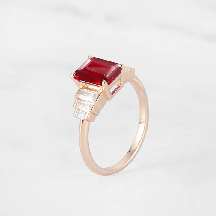 Symmar Emearld-Cut Ruby Baguette Diamond Engagement Ring