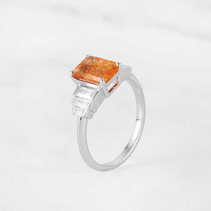 Symmar Emearld-Cut Sunstone Baguette Diamond Engagement Ring