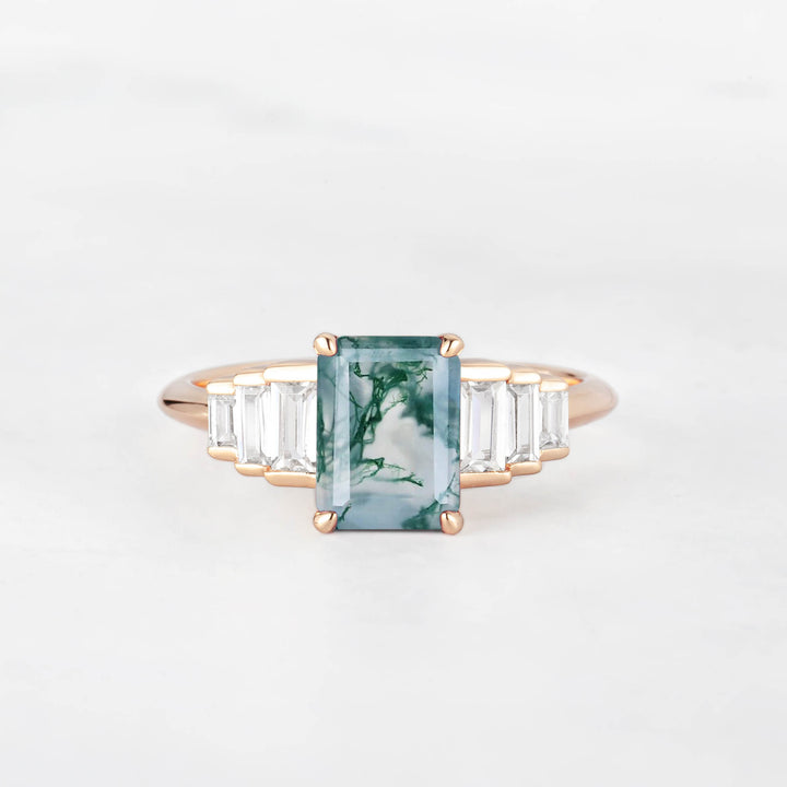 Symmar Emearld-Cut Moss Agate Baguette Diamond Engagement Ring