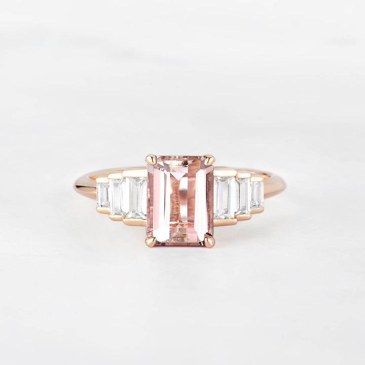 Symmar Emearld-Cut Morganite Baguette Diamond Engagement Ring