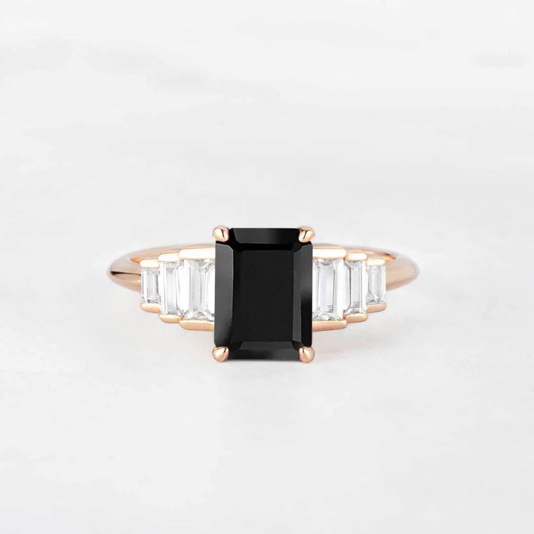 Symmar Emearld-Cut Black Onyx Baguette Diamond Engagement Ring