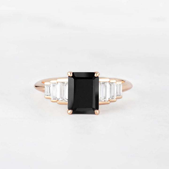 Symmar Emearld-Cut Black Onyx Baguette Diamond Engagement Ring