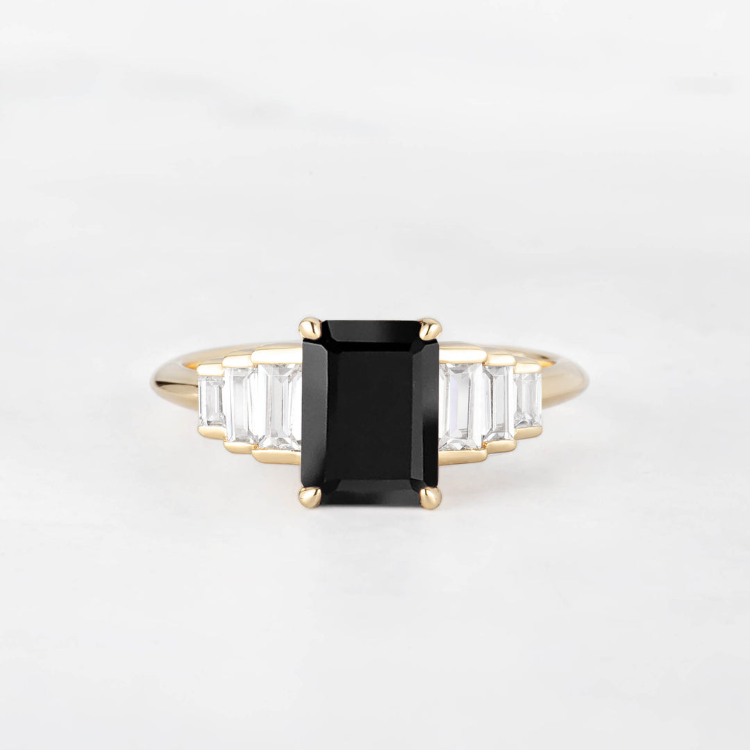 Symmar Emearld-Cut Black Onyx Baguette Diamond Engagement Ring