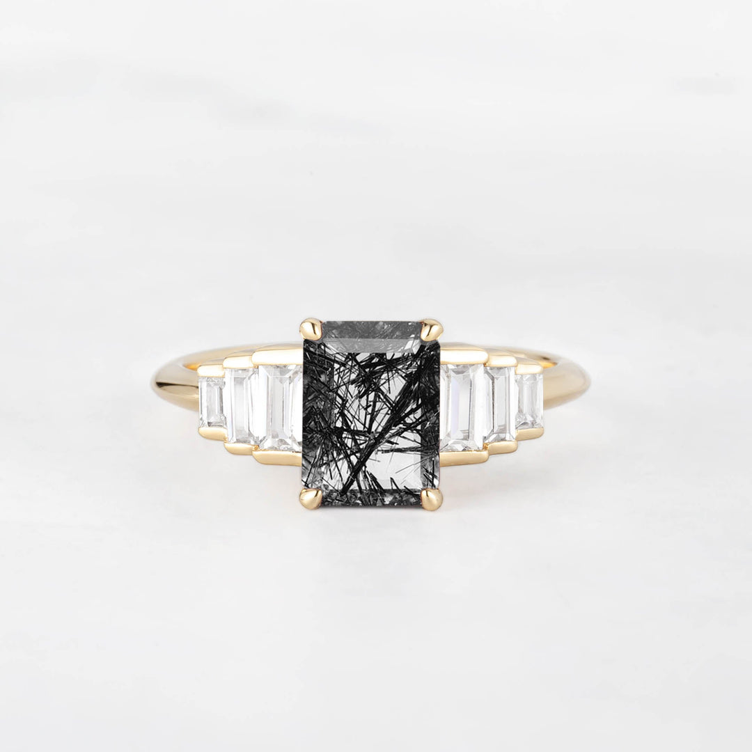 Symmar Emearld-Cut Rutilated Quartz Baguette Diamond Engagement Ring