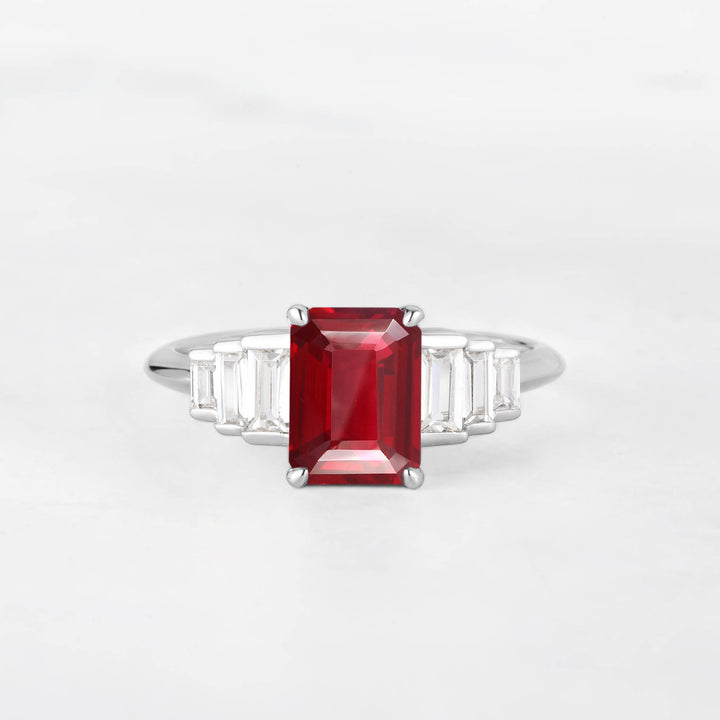 Symmar Emearld-Cut Ruby Baguette Diamond Engagement Ring