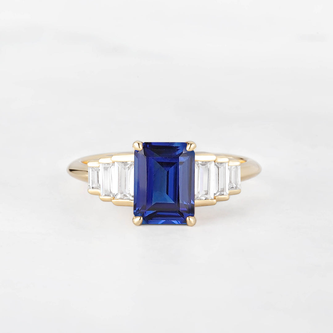 Symmar Emearld-Cut Blue Sapphire Baguette Diamond Engagement Ring