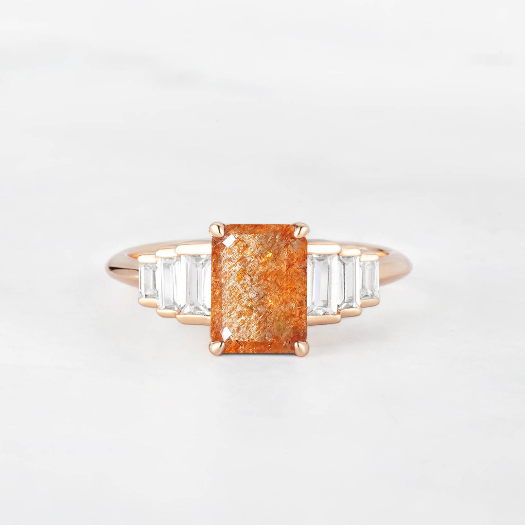 Symmar Emearld-Cut Sunstone Baguette Diamond Engagement Ring