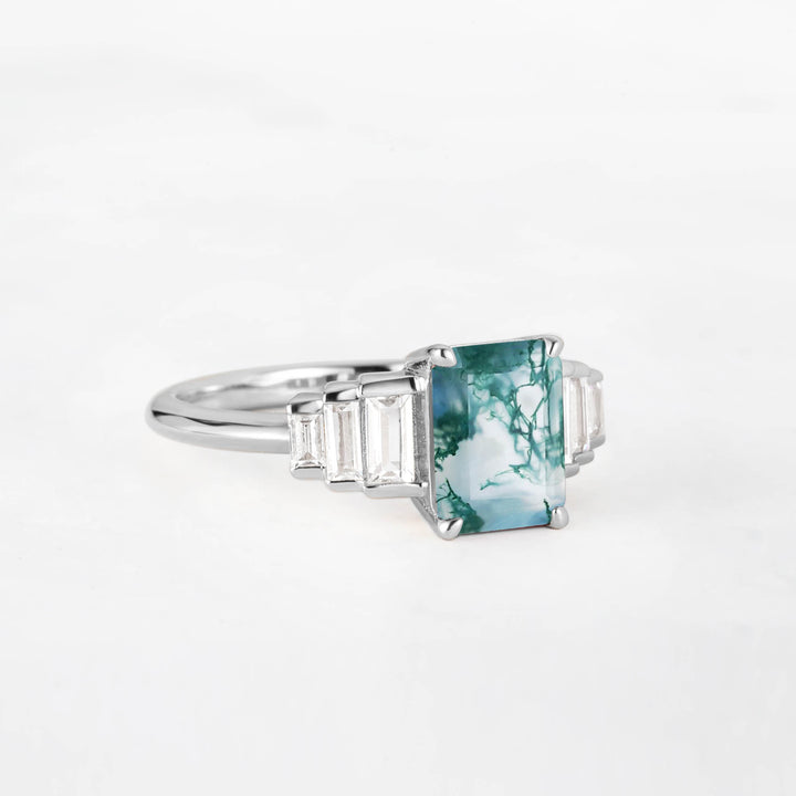 Symmar Emearld-Cut Moss Agate Baguette Diamond Engagement Ring