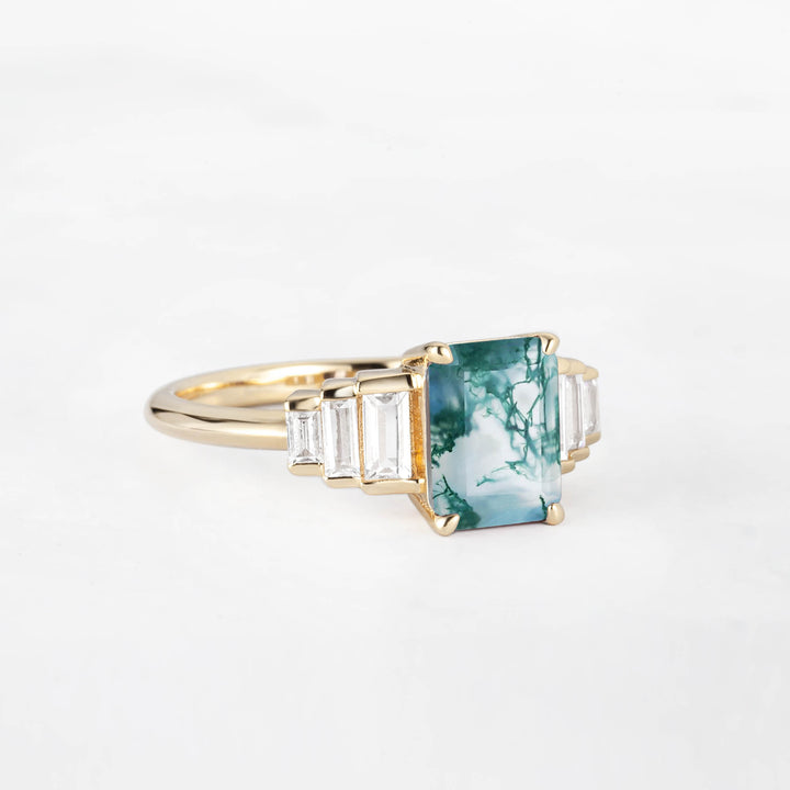 Symmar Emearld-Cut Moss Agate Baguette Diamond Engagement Ring