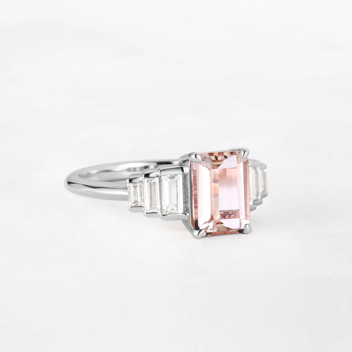 Symmar Emearld-Cut Morganite Baguette Diamond Engagement Ring