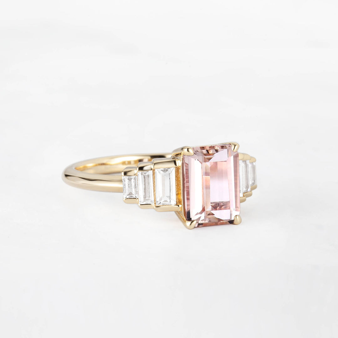 Symmar Emearld-Cut Morganite Baguette Diamond Engagement Ring