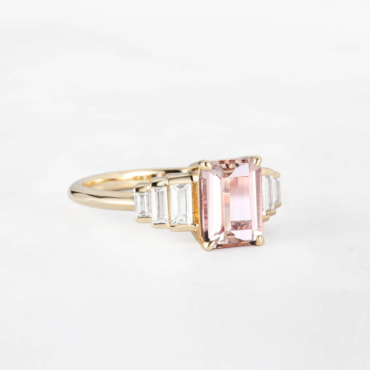 Symmar Emearld-Cut Morganite Baguette Diamond Engagement Ring