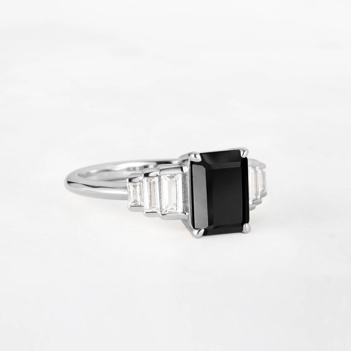 Symmar Emearld-Cut Black Onyx Baguette Diamond Engagement Ring