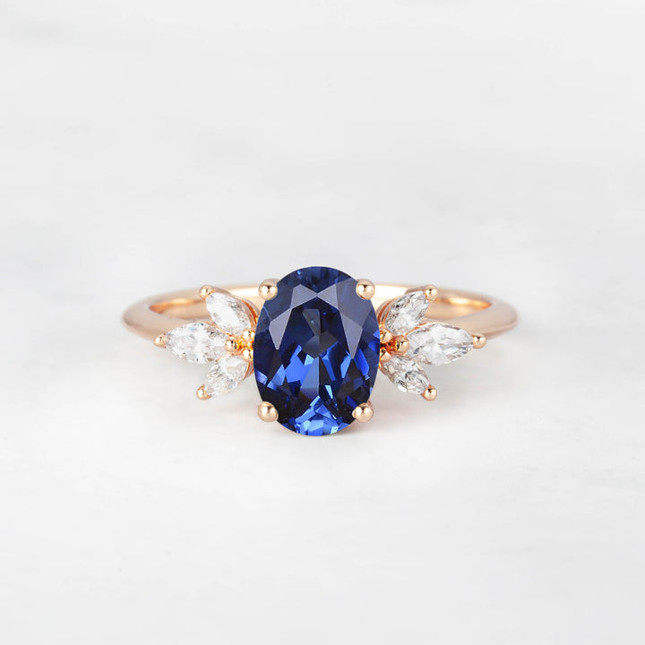 Symmar Oval Blue Sapphire Marquise Diamond Engagement Ring