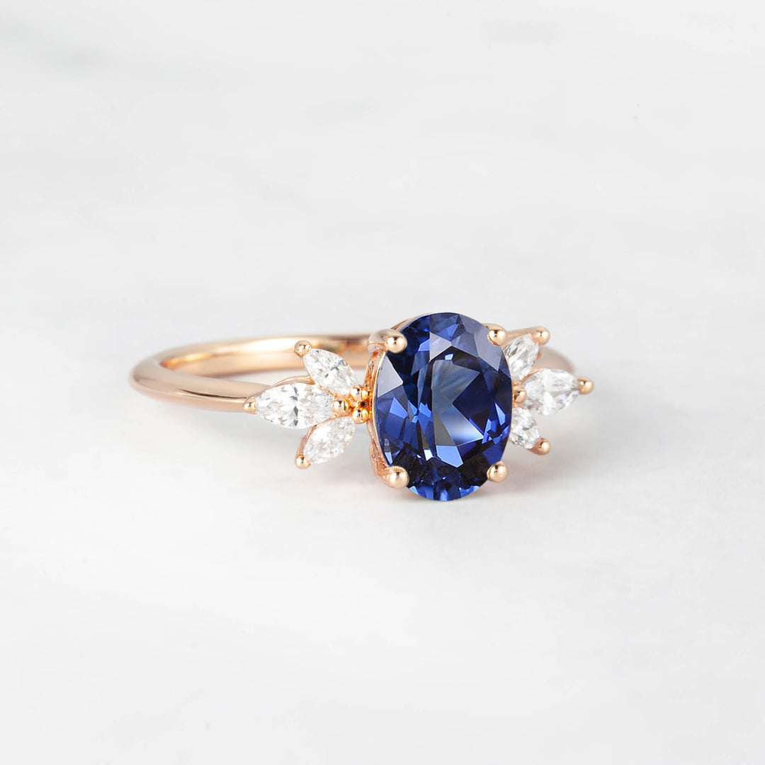 Symmar Oval Blue Sapphire Marquise Diamond Engagement Ring