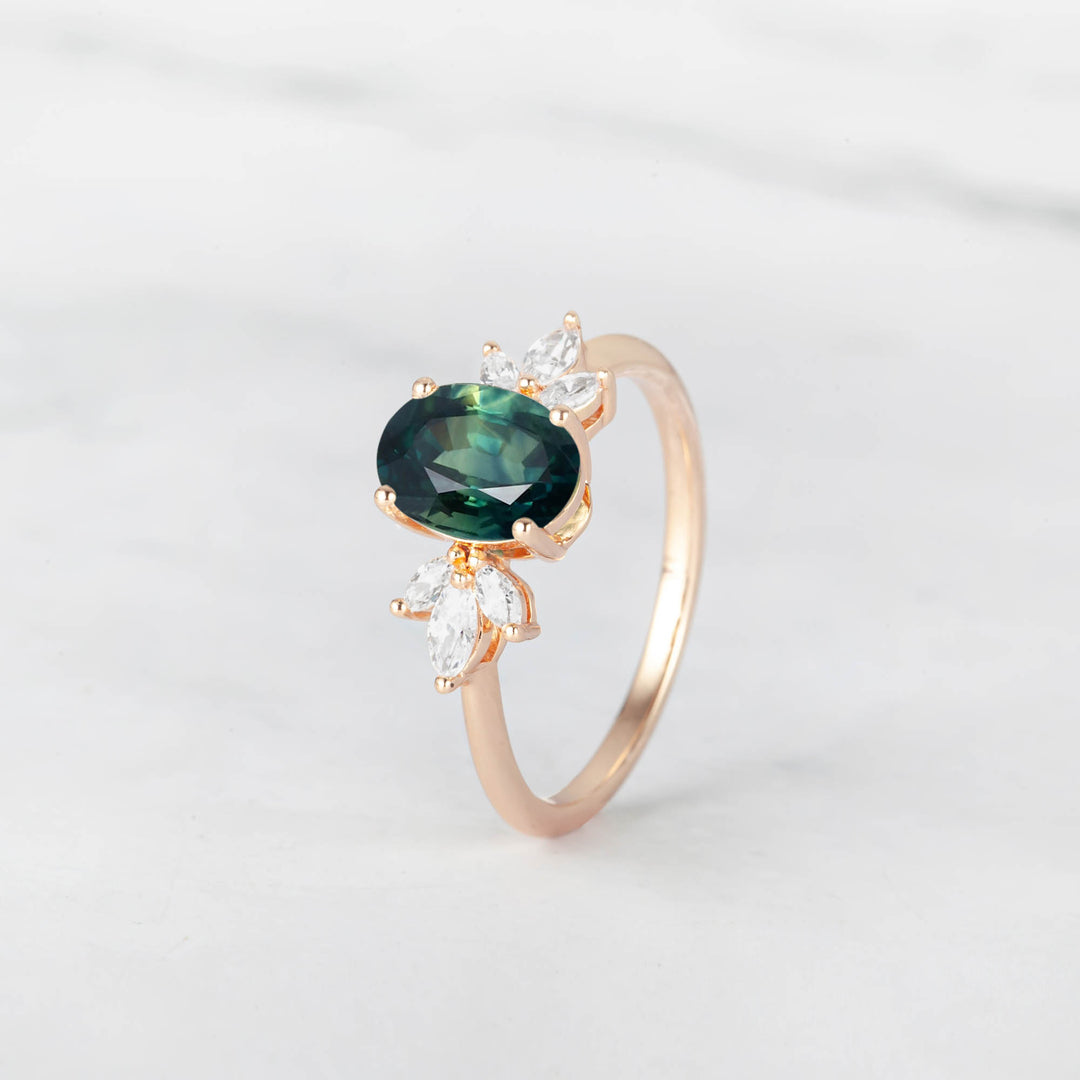 Symmar Oval Teal Sapphire Marquise Diamond Engagement Ring