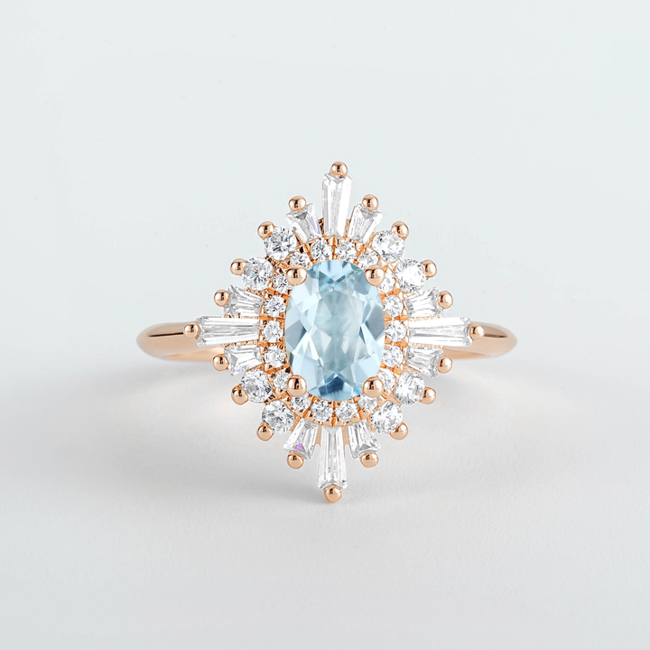 Couro Oval Aquamarine Sunburst Diamond Engagement Ring