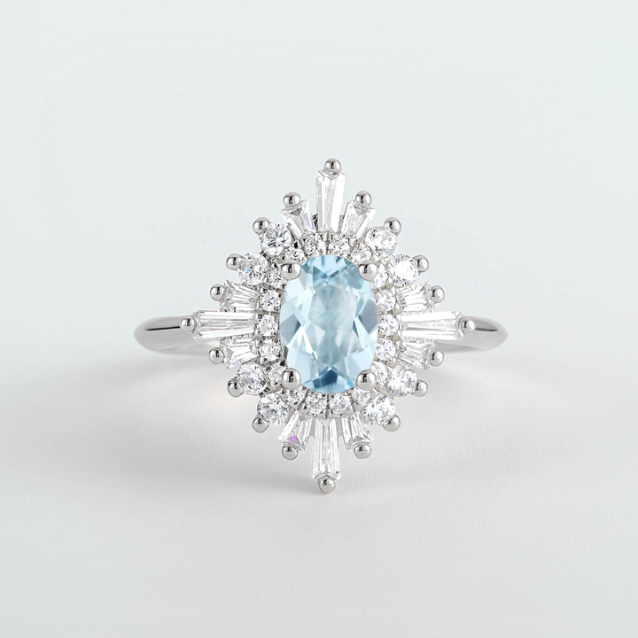 Couro Oval Aquamarine Sunburst Diamond Engagement Ring