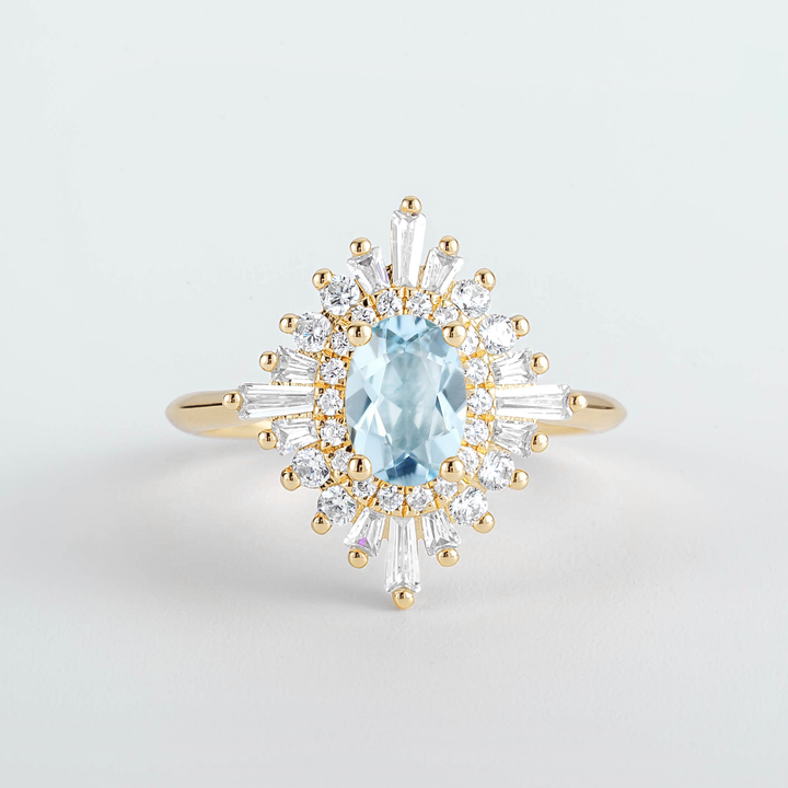 Couro Oval Aquamarine Sunburst Diamond Engagement Ring