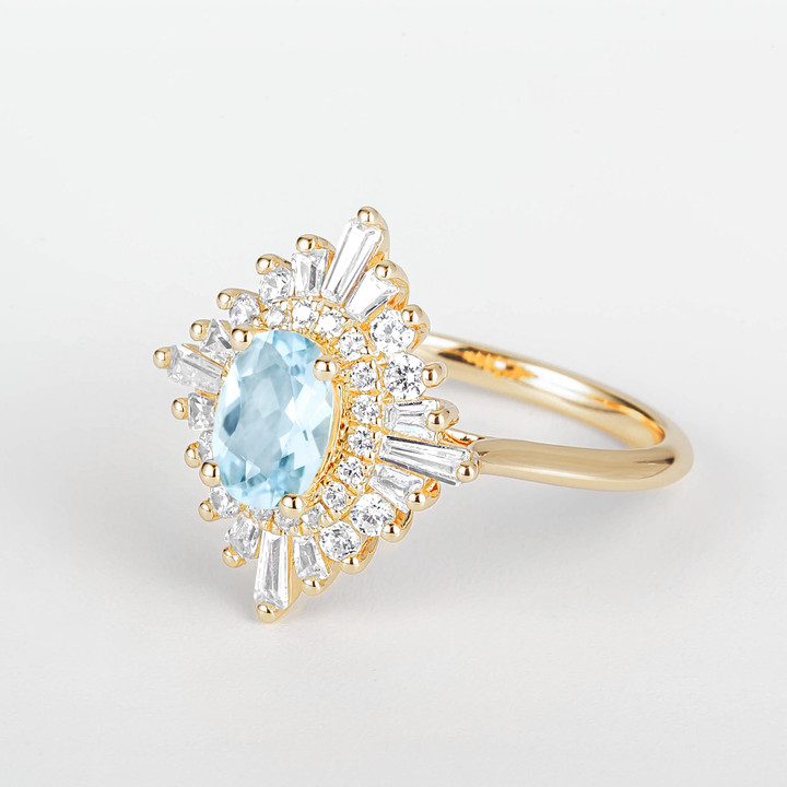 Couro Oval Aquamarine Sunburst Diamond Engagement Ring