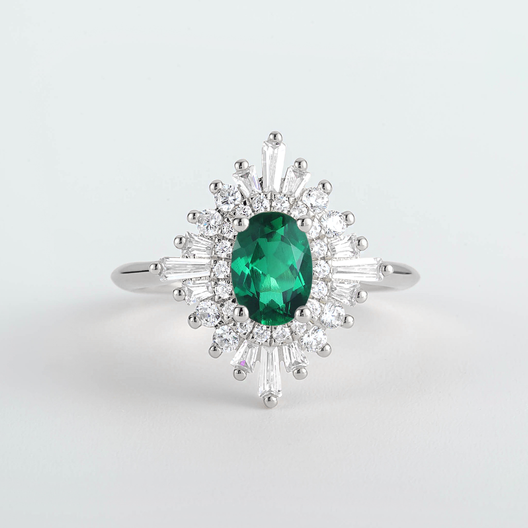 Couro Oval Emerald Sunburst Diamond Engagement Ring